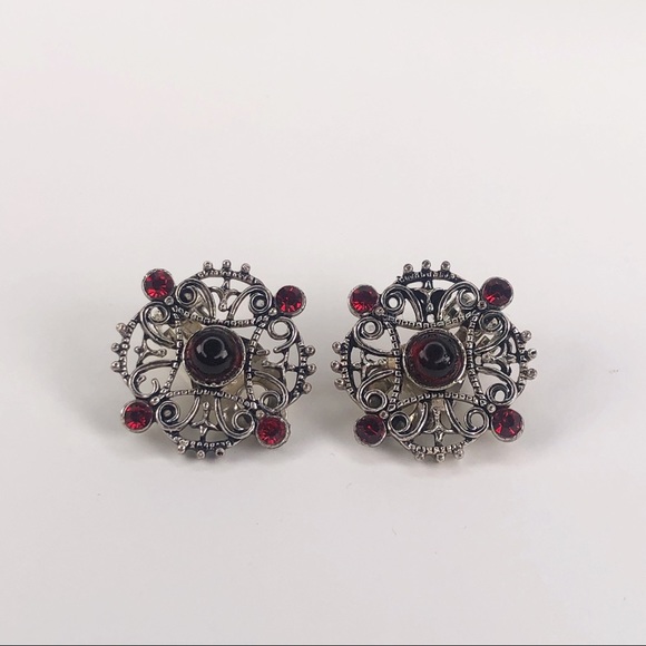 Vintage Y2K Clip On Earrings Red Gem Silver Gothic - Picture 9 of 11
